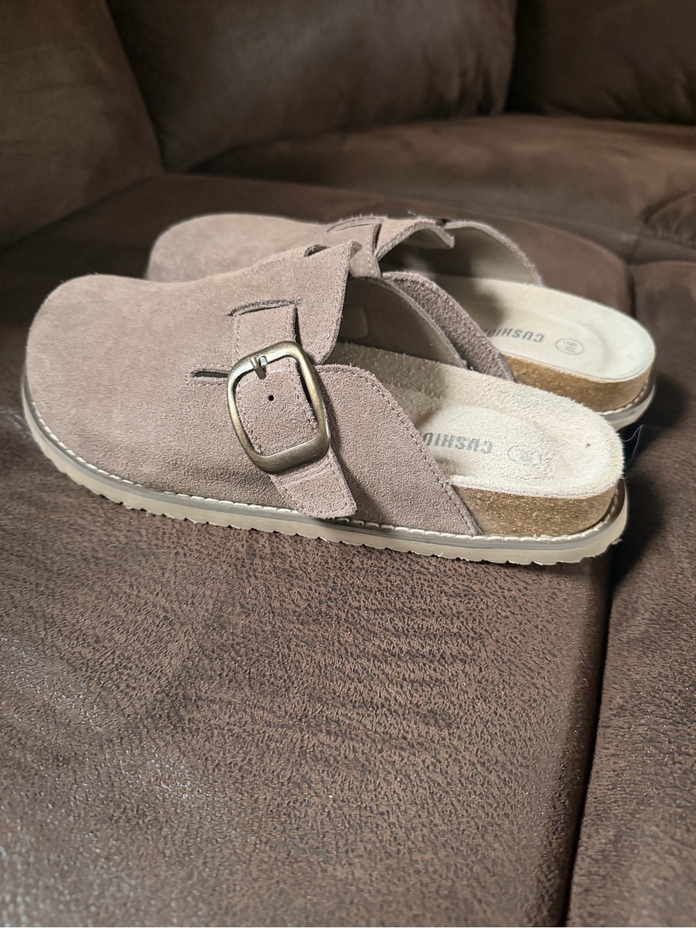 Suede Slip-On Clog Mule with Adjustable Buckle - Taupe